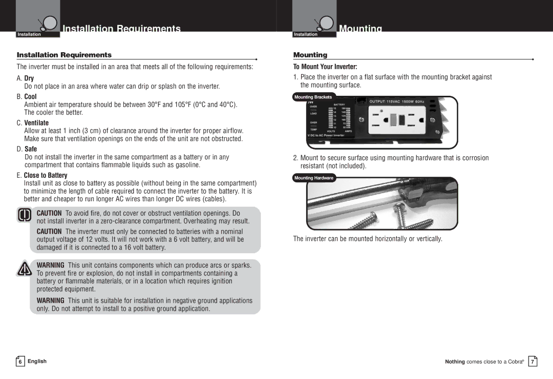 Cobra Electronics CPI M1500 owner manual Installation Requirements, Mounting 