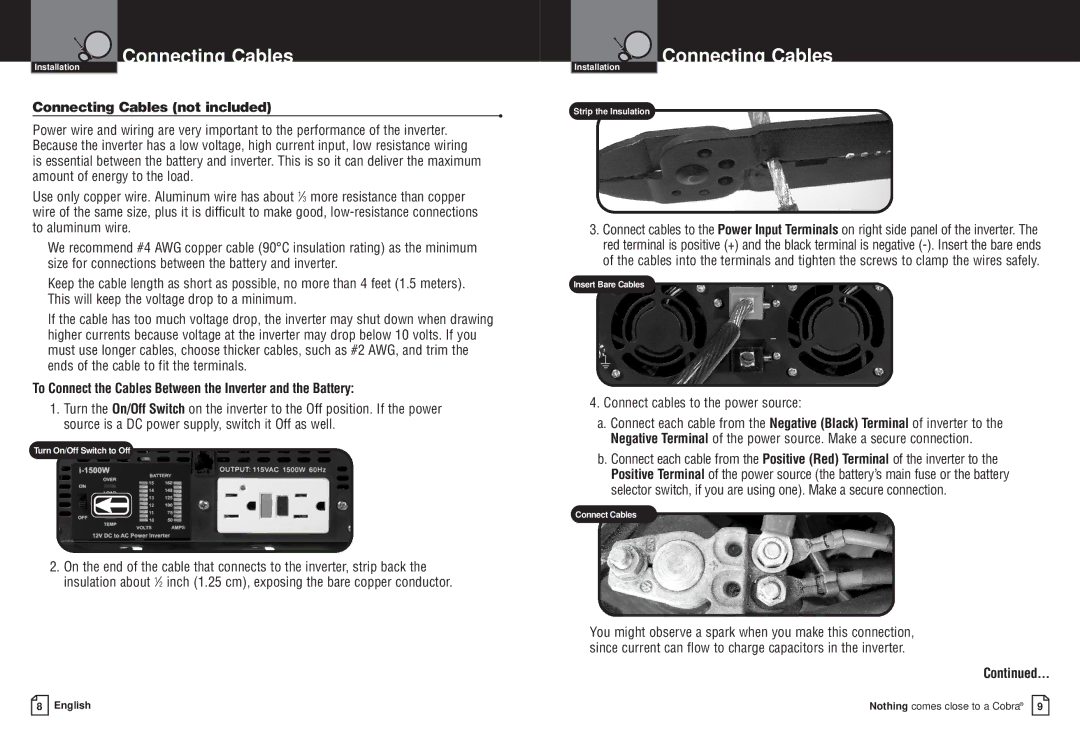 Cobra Electronics CPI M1500 Connecting Cables not included, To Connect the Cables Between the Inverter and the Battery 