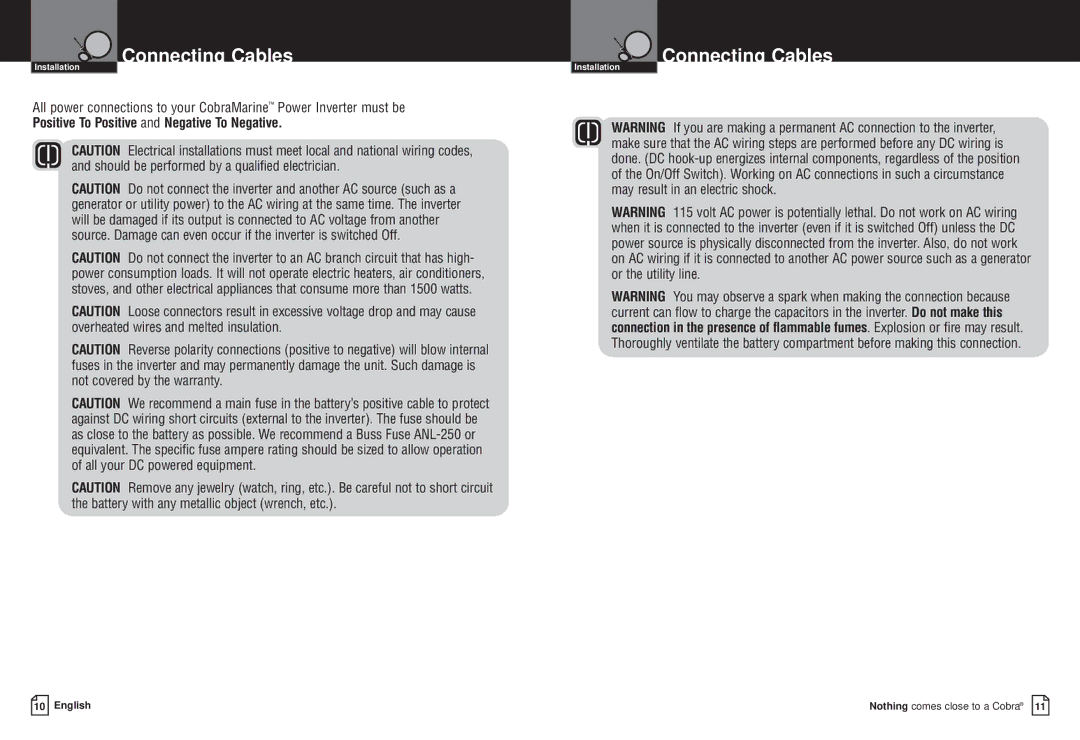 Cobra Electronics CPI M1500 owner manual Connecting Cables 