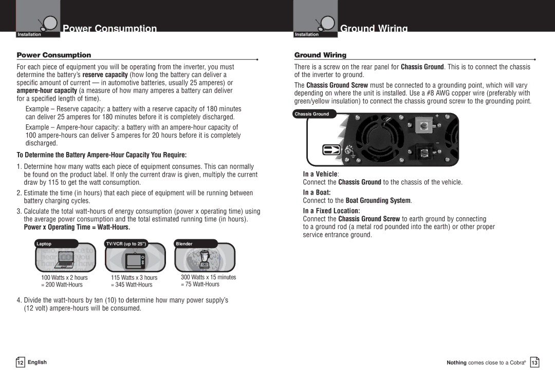 Cobra Electronics CPI M1500 owner manual Power Consumption, Ground Wiring 