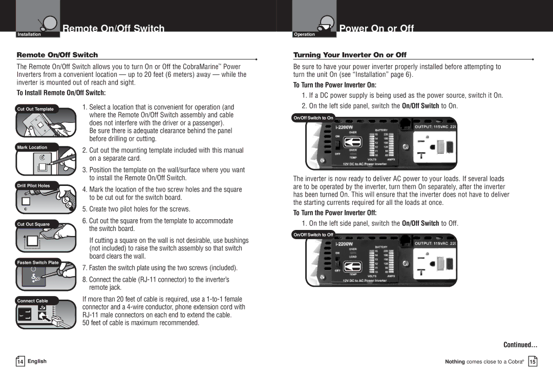 Cobra Electronics CPI M2200 owner manual Remote On/Off Switch, Power On or Off 