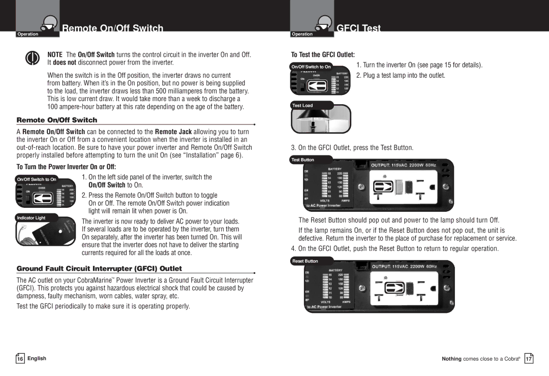 Cobra Electronics CPI M2200 owner manual Gfci Test, To Turn the Power Inverter On or Off, To Test the Gfci Outlet 