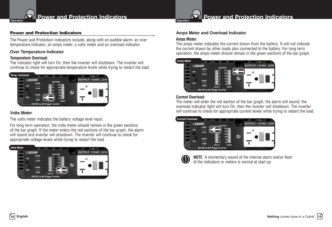 Cobra Electronics CPI M2200 owner manual Power and Protection Indicators 