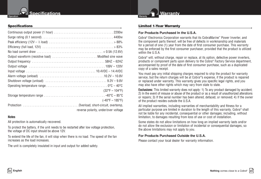 Cobra Electronics CPI M2200 owner manual Specifications, Limited 1-Year Warranty For Products Purchased In the U.S.A 