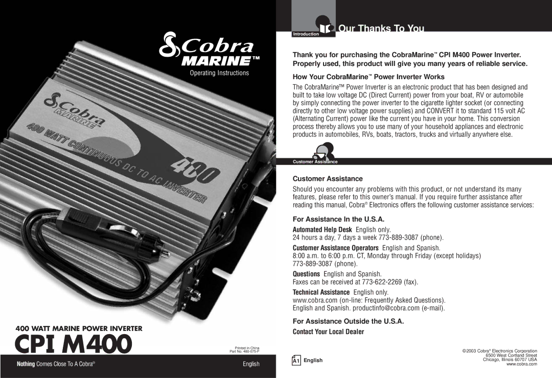 Cobra Electronics CPI M400 owner manual Our Thanks To You, How Your CobraMarine Power Inverter Works 