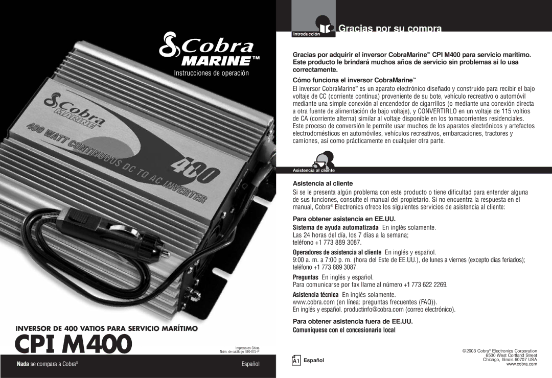 Cobra Electronics CPI M400 manual Gracias por su compra, Asistencia al cliente 