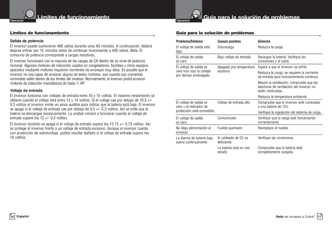 Cobra Electronics CPI M400 manual Límites de funcionamiento, Guía para la solución de problemas, Salida de potencia 