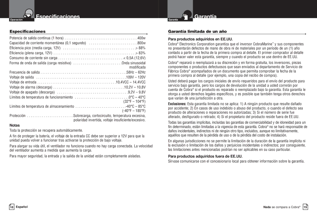 Cobra Electronics CPI M400 manual Especificaciones, Garantía limitada de un año 