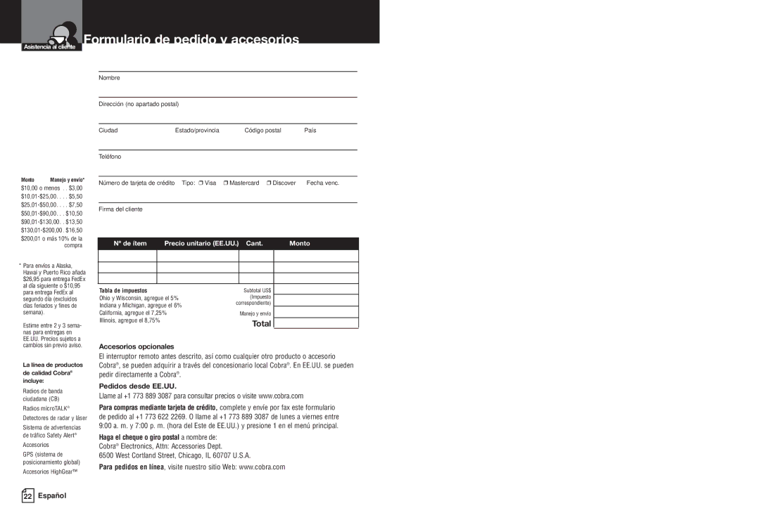 Cobra Electronics CPI M400 manual Formulario de pedido y accesorios, $10,00 o menos . . $3,00 
