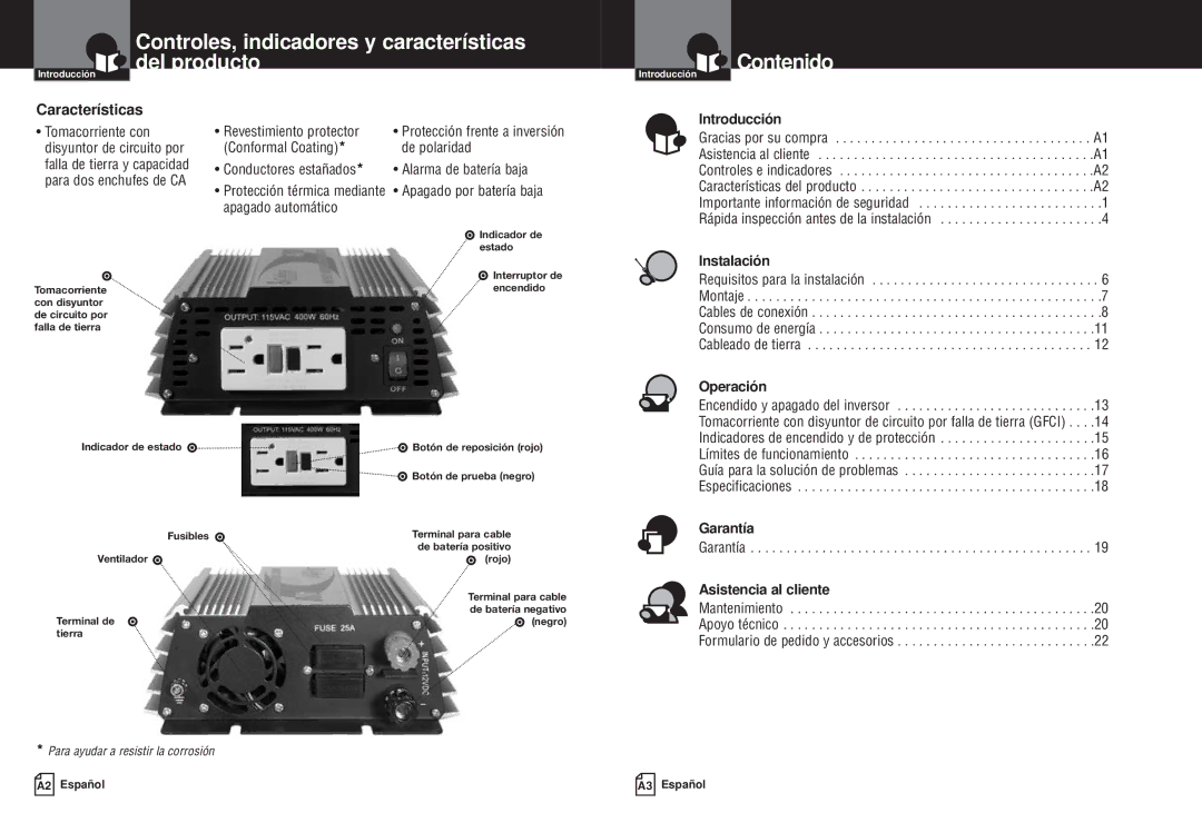 Cobra Electronics CPI M400 manual Controles, indicadores y características del producto, Contenido, Características 