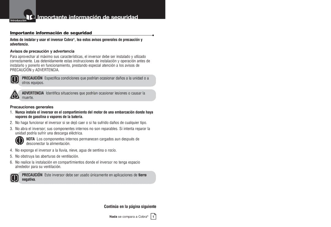 Cobra Electronics CPI M400 manual Importante información de seguridad, Continúa en la página siguiente 