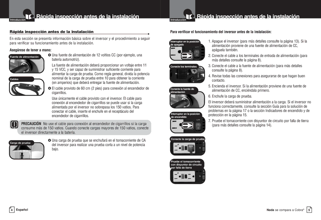 Cobra Electronics CPI M400 manual Rápida inspección antes de la instalación, Enchufe la carga de prueba 