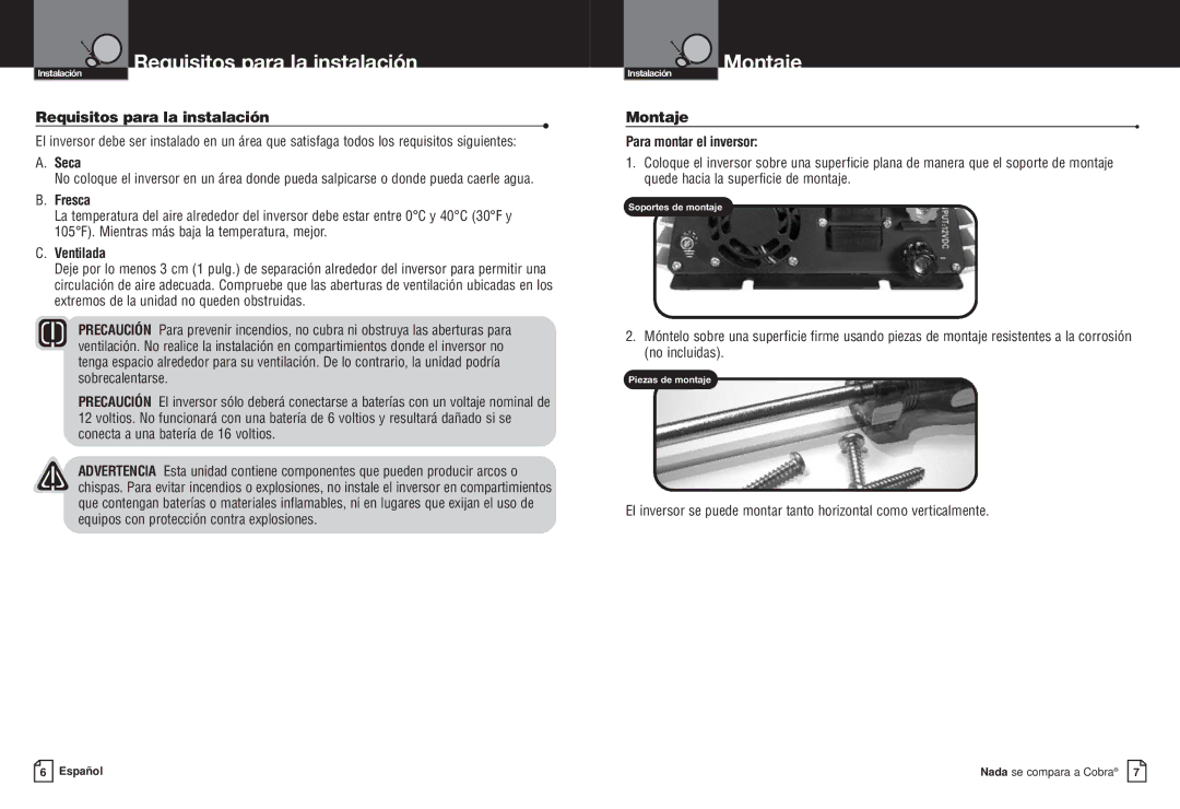 Cobra Electronics CPI M400 manual Requisitos para la instalación, Montaje 