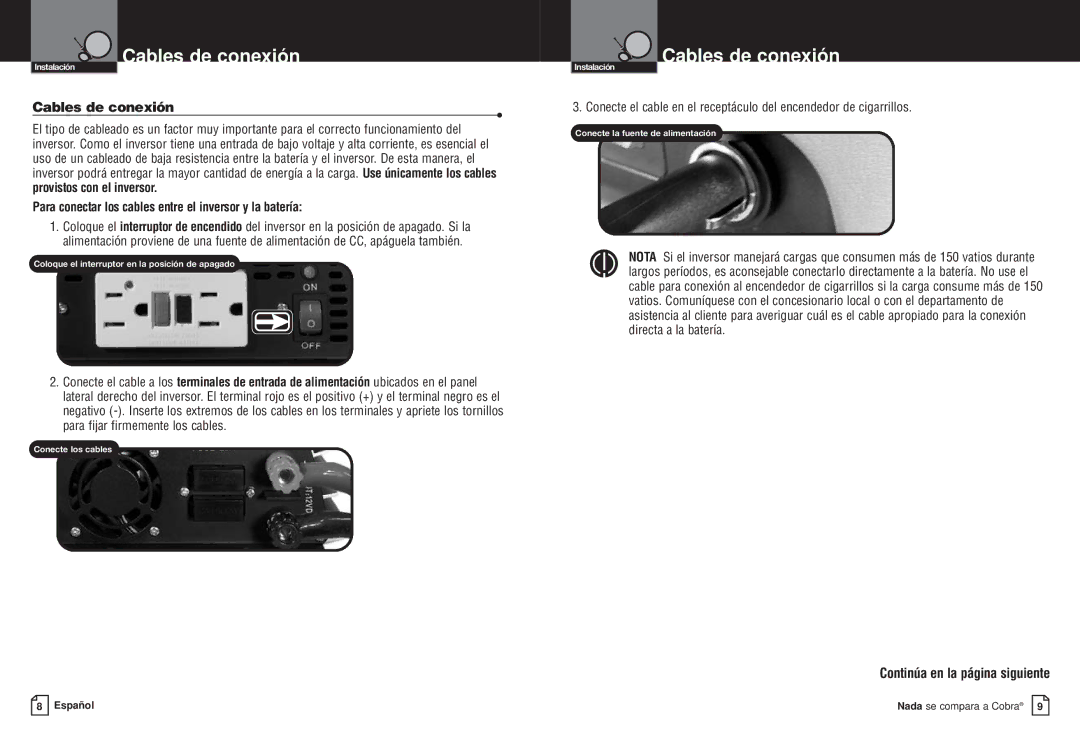 Cobra Electronics CPI M400 manual Cables de conexión, Para conectar los cables entre el inversor y la batería 