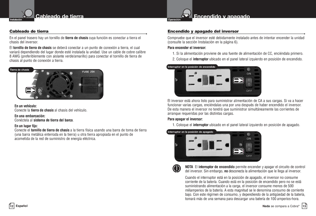 Cobra Electronics CPI M400 manual Cableado de tierra, Encendido y apagado del inversor 