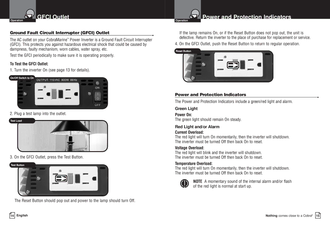 Cobra Electronics CPI M800 owner manual Gfci Outlet, Power and Protection Indicators 