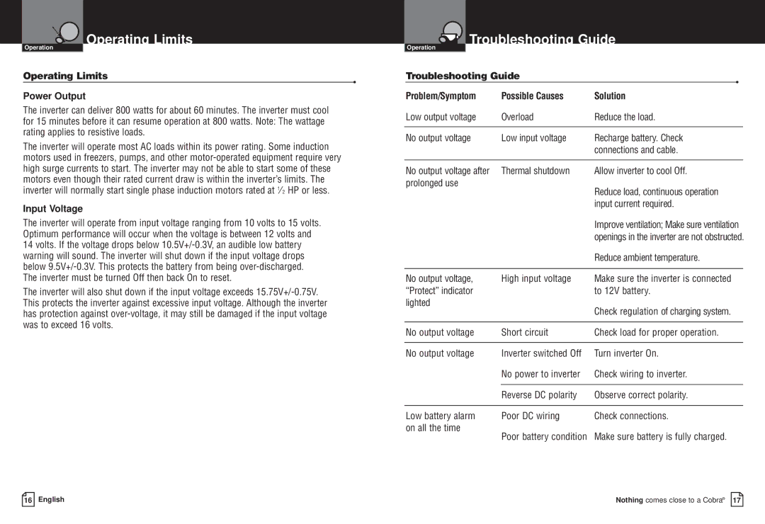 Cobra Electronics CPI M800 Operating Limits Troubleshooting Guide, Operating Limits Power Output, Input Voltage 