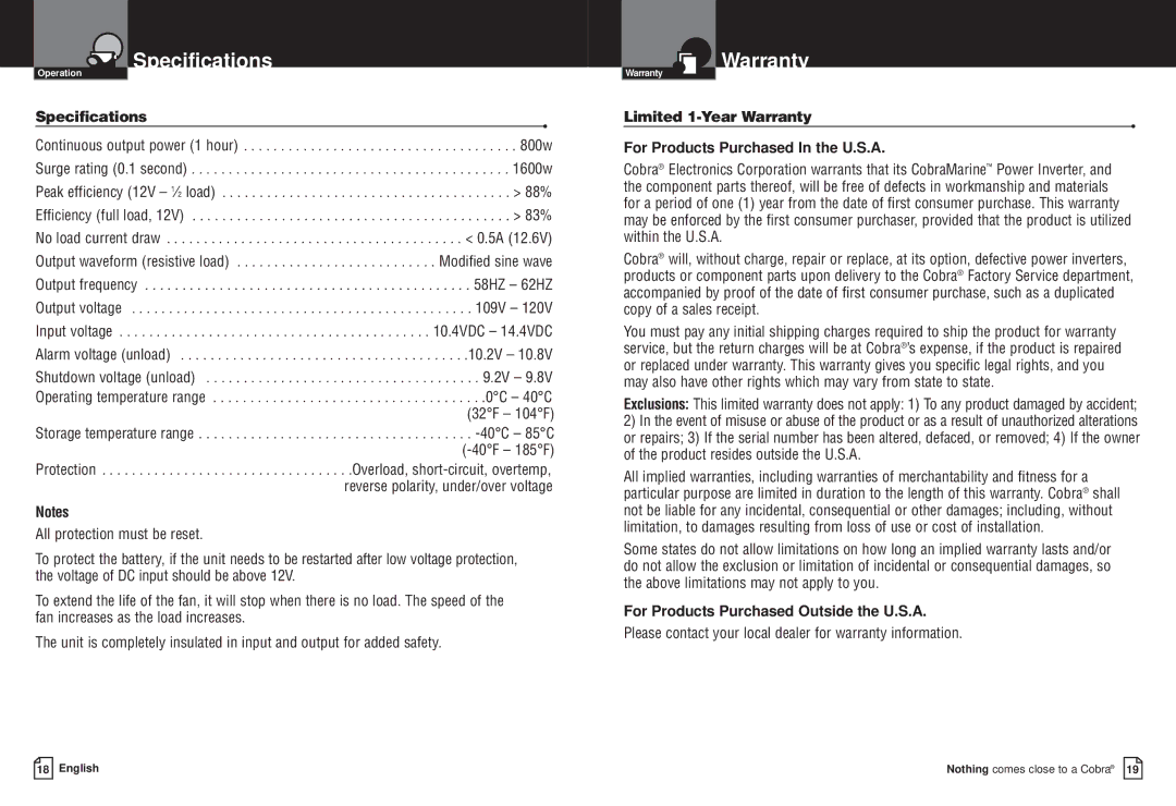 Cobra Electronics CPI M800 owner manual Specifications, Limited 1-Year Warranty For Products Purchased In the U.S.A 