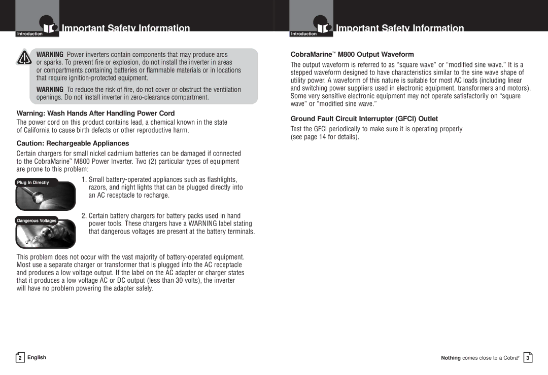 Cobra Electronics CPI M800 owner manual CobraMarine M800 Output Waveform, Ground Fault Circuit Interrupter Gfci Outlet 