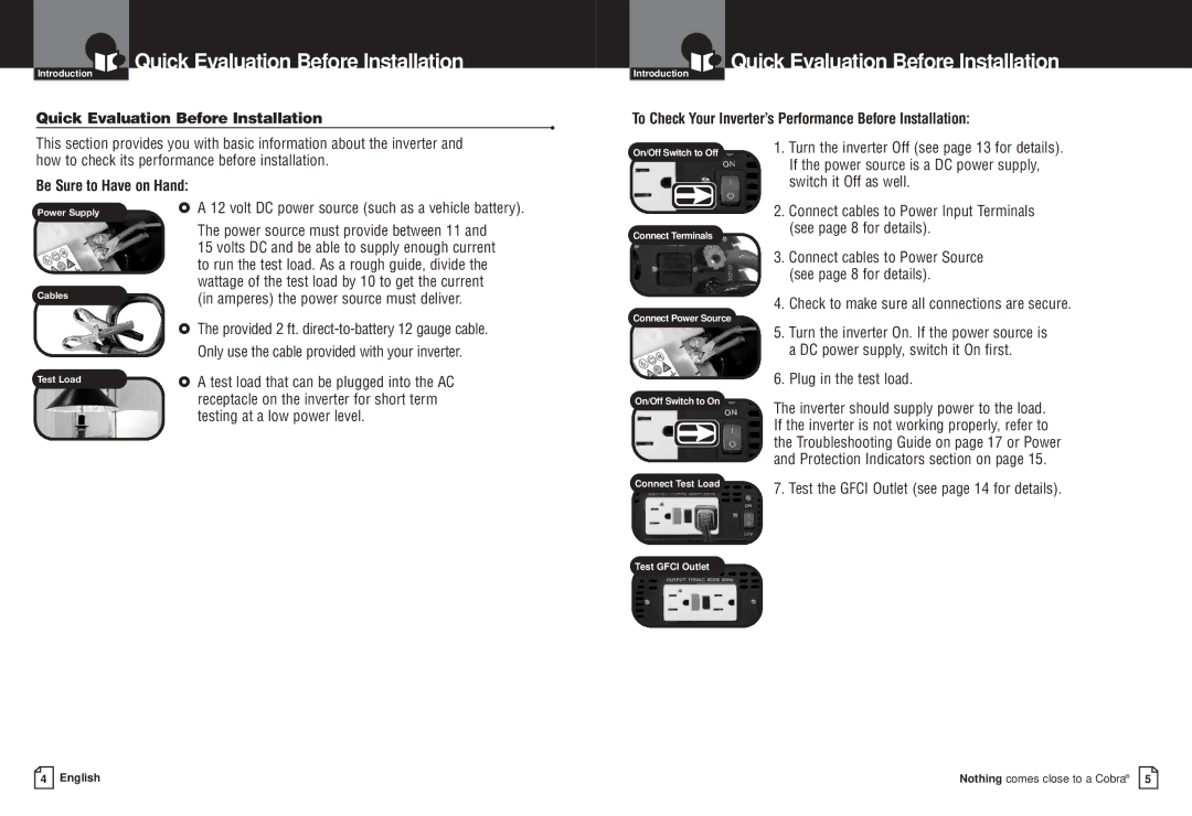 Cobra Electronics CPI M800 Quick Evaluation Before Installation, To Check Your Inverter’s Performance Before Installation 