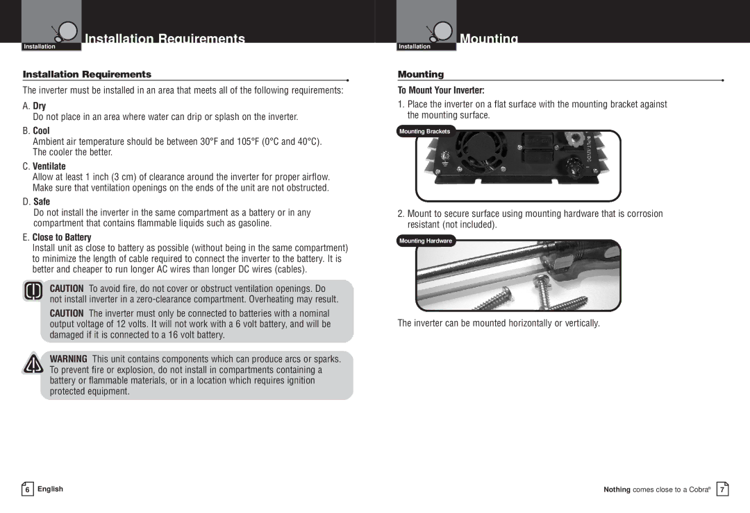 Cobra Electronics CPI M800 owner manual Installation Requirements, Mounting 