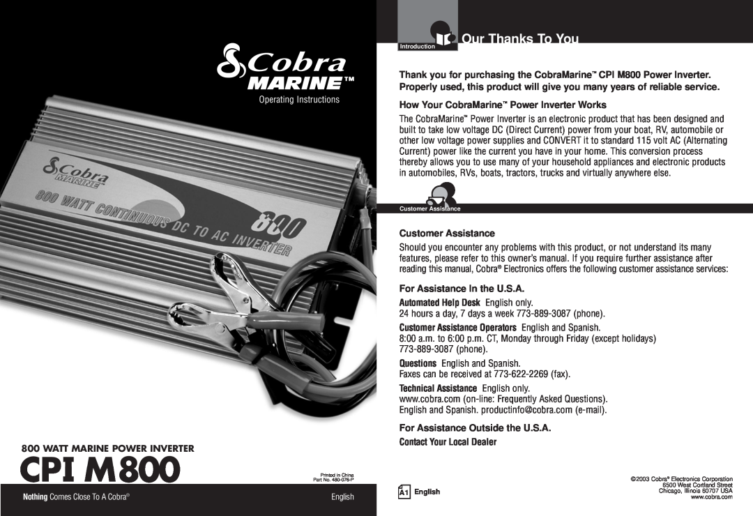 Cobra Electronics CPI M800 owner manual Our Thanks To You, How Your CobraMarine Power Inverter Works, Customer Assistance 