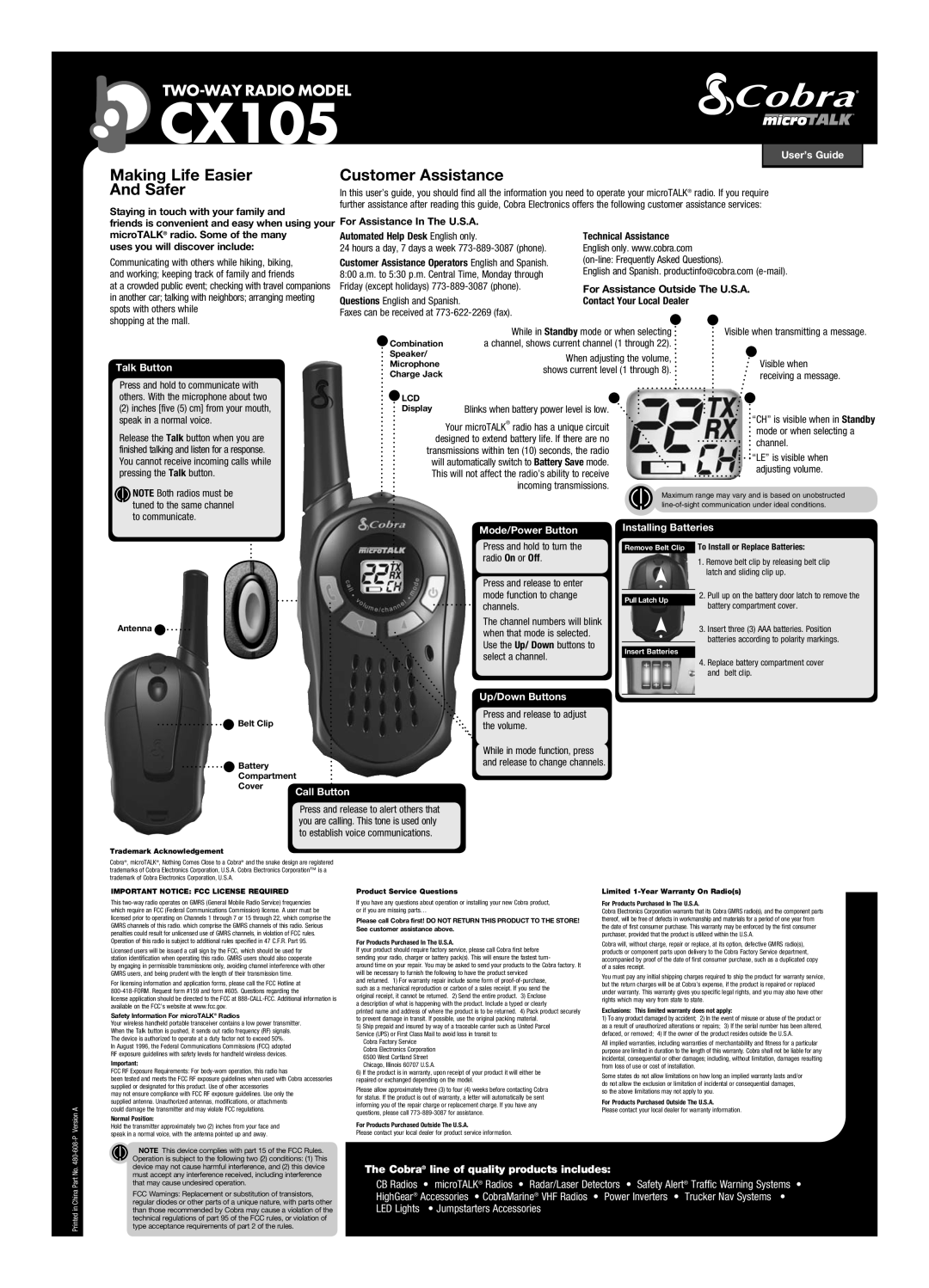 Cobra Electronics CX105 warranty User’s Guide, Talk Button, Channel Numbers Transmit Icon, Receive Icon, Indicator 