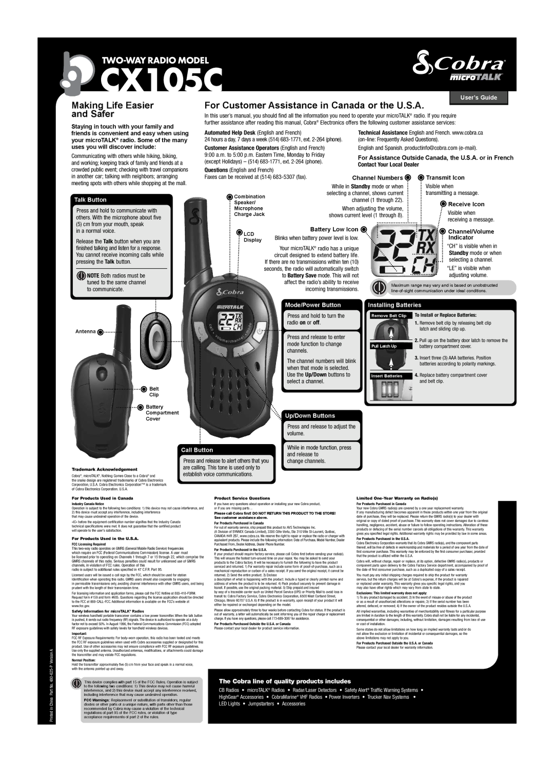 Cobra Electronics CX105C user manual User’s Guide, Talk Button, Mode/Power Button Installing Batteries, Call Button 