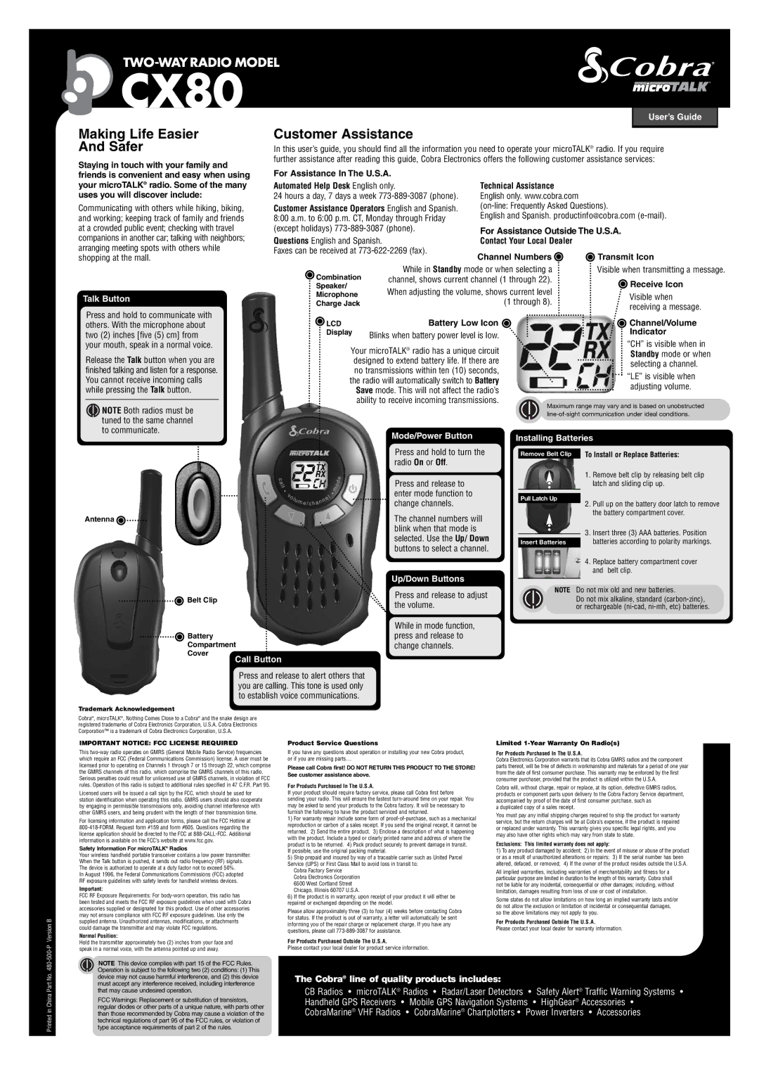 Cobra Electronics CX80 warranty User’s Guide, Talk Button, Mode/Power Button, Call Button, Up/Down Buttons 