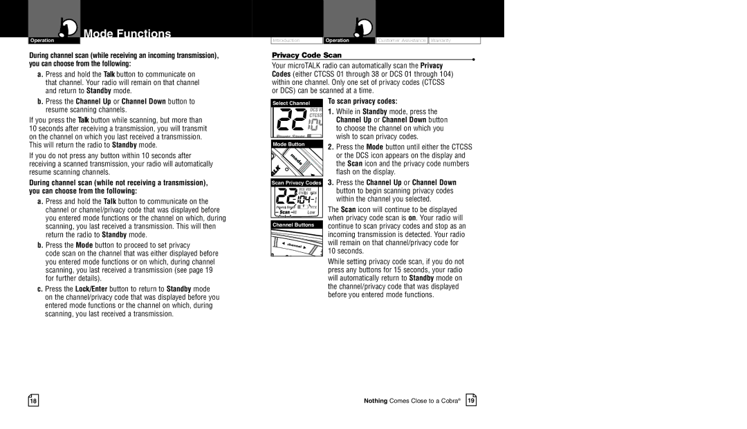 Cobra Electronics CXR700 owner manual Press the Channel Up or Channel Down button to, Privacy Code Scan 