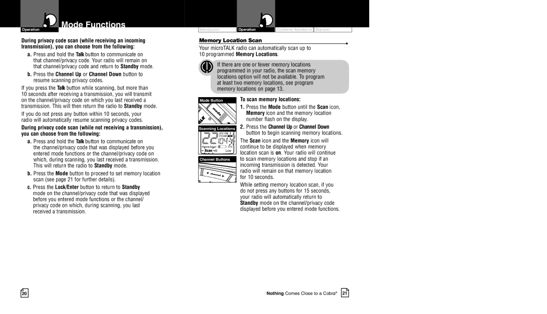 Cobra Electronics CXR700 owner manual Memory Location Scan, To scan memory locations 