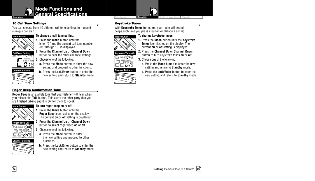 Cobra Electronics CXR700 Mode Functions General Specifications, To change a call tone setting, To change keystroke tones 