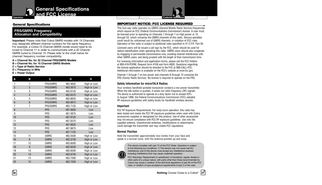 Cobra Electronics CXR700 owner manual General Specifications FCC License 