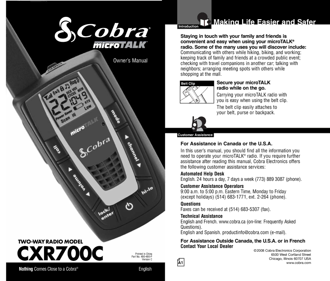 Cobra Electronics CXR700C owner manual Making Life Easier and Safer, For Assistance in Canada or the U.S.A, Questions 