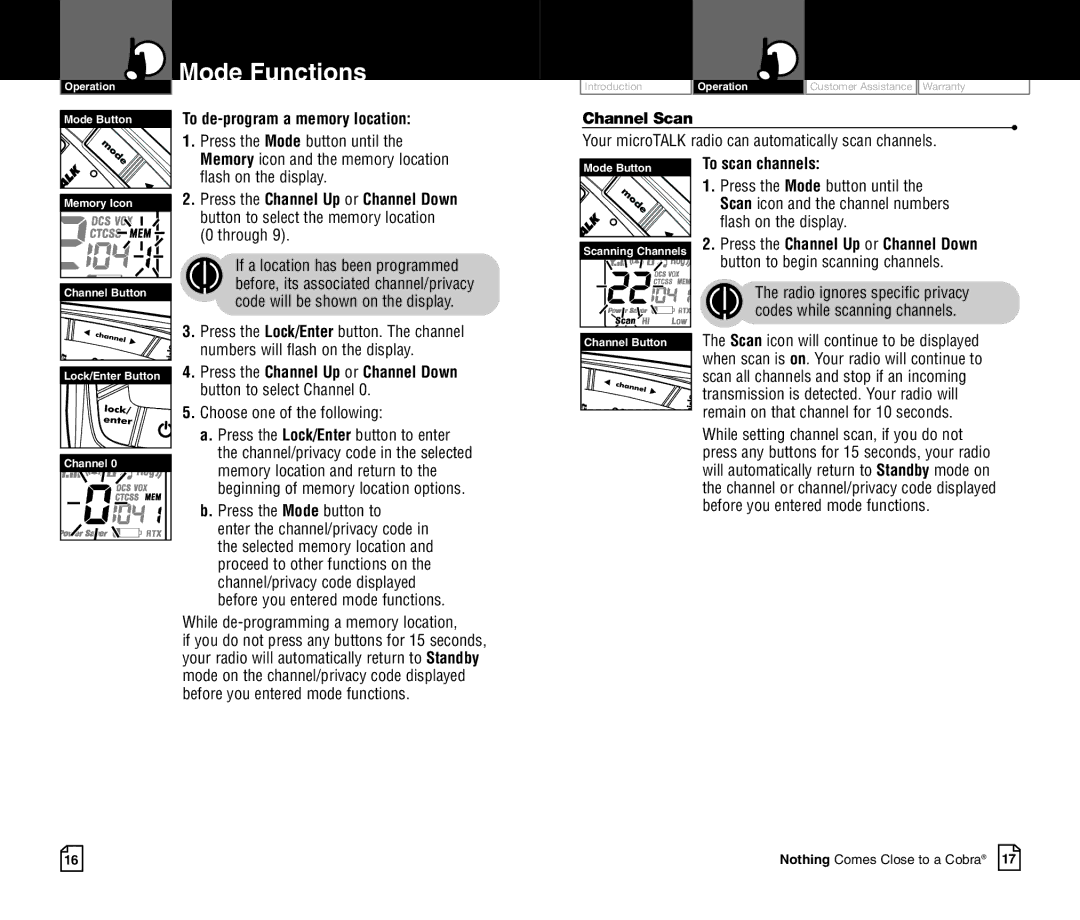 Cobra Electronics CXR700C To de-program a memory location, Channel Scan, Flash on the display, Through, To scan channels 