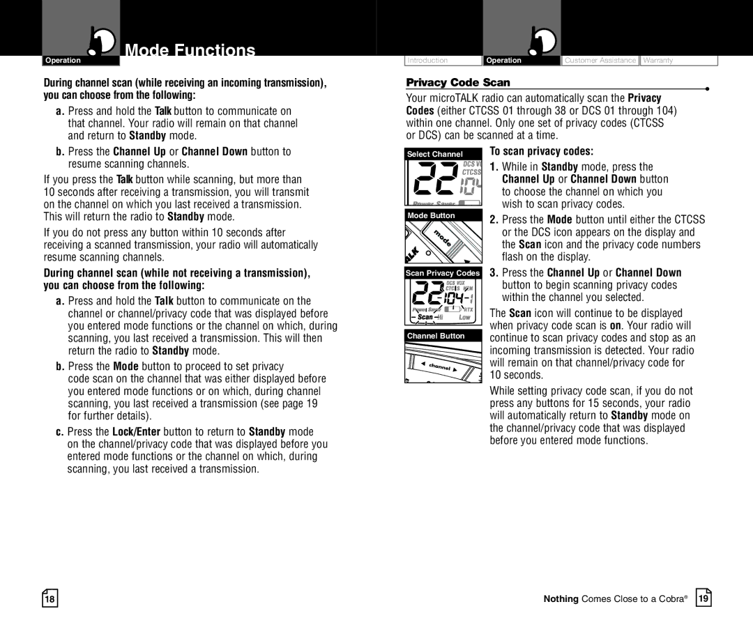 Cobra Electronics CXR700C owner manual Press the Channel Up or Channel Down button to, Privacy Code Scan 