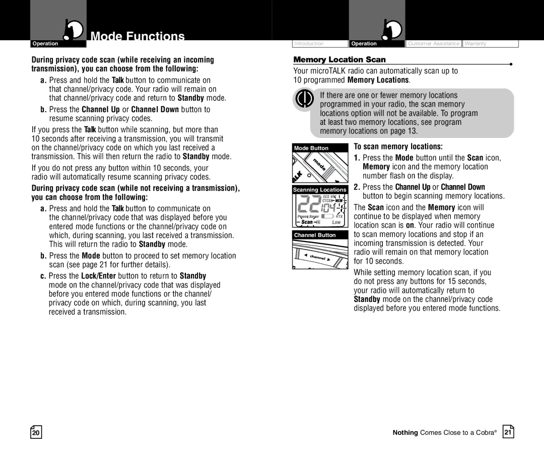 Cobra Electronics CXR700C owner manual Memory Location Scan, To scan memory locations 