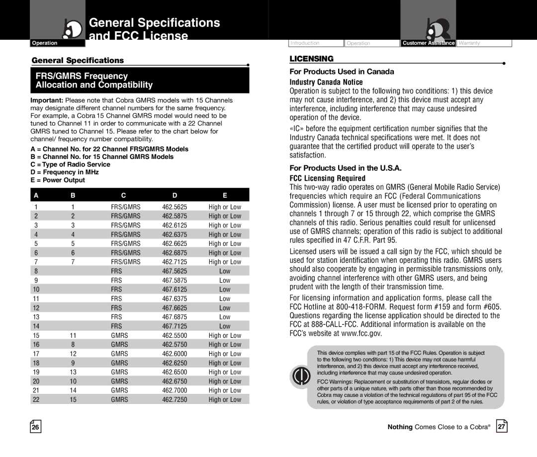 Cobra Electronics CXR700C owner manual General Specifications FCC License 