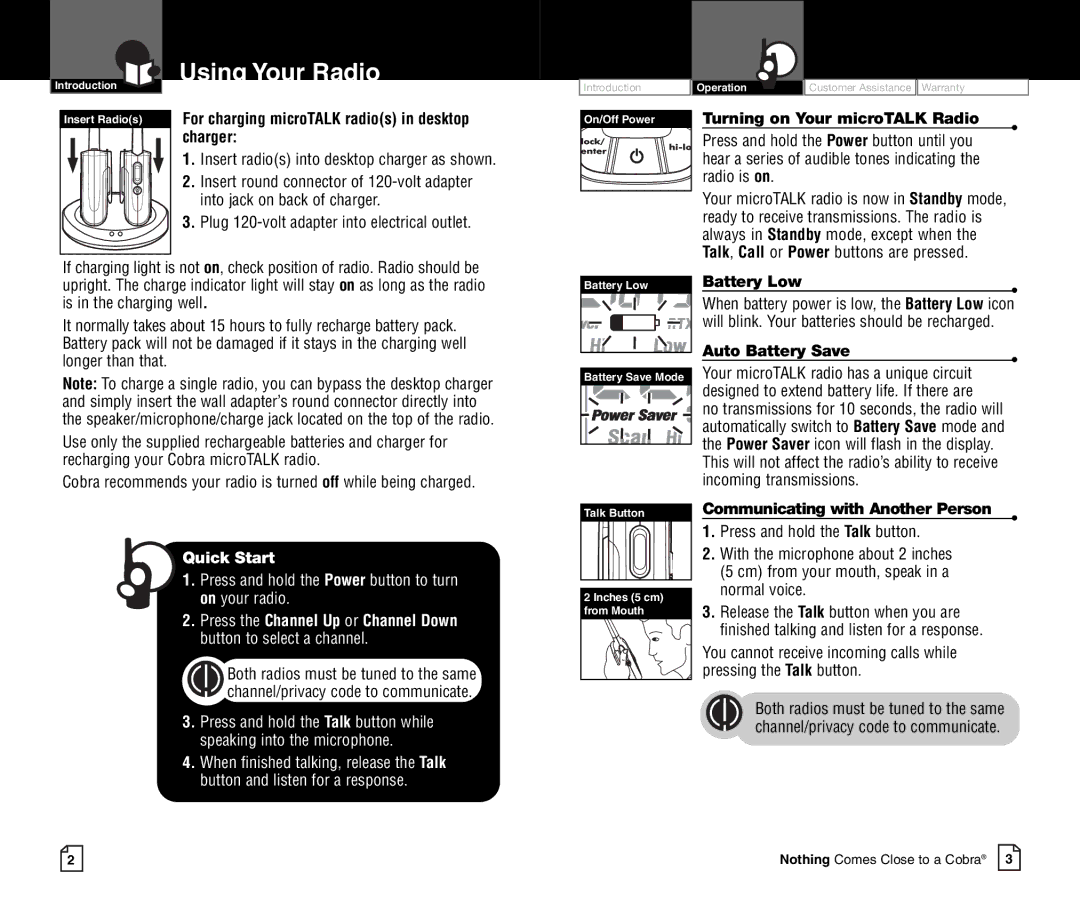 Cobra Electronics CXR700C owner manual Using Your Radio, For charging microTALK radios in desktop charger, Battery Low 