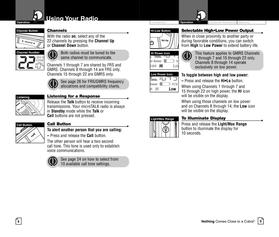 Cobra Electronics CXR700C owner manual Listening for a Response, Call Button, To alert another person that you are calling 