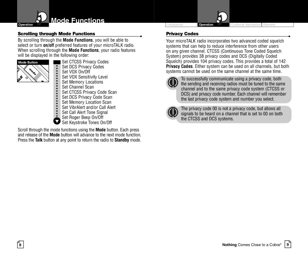 Cobra Electronics CXR700C owner manual Scrolling through Mode Functions, Privacy Codes 