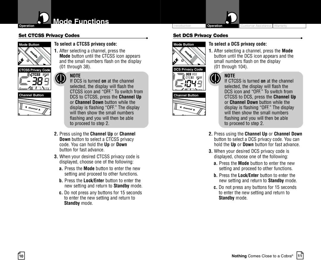 Cobra Electronics CXR700C owner manual Set Ctcss Privacy Codes, To select a Ctcss privacy code, Set DCS Privacy Codes 