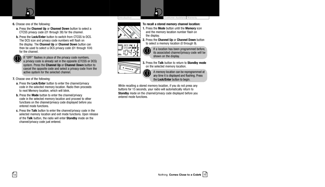 Cobra Electronics CXR725 owner manual To recall a stored memory channel location, To next Memory location, which will blink 