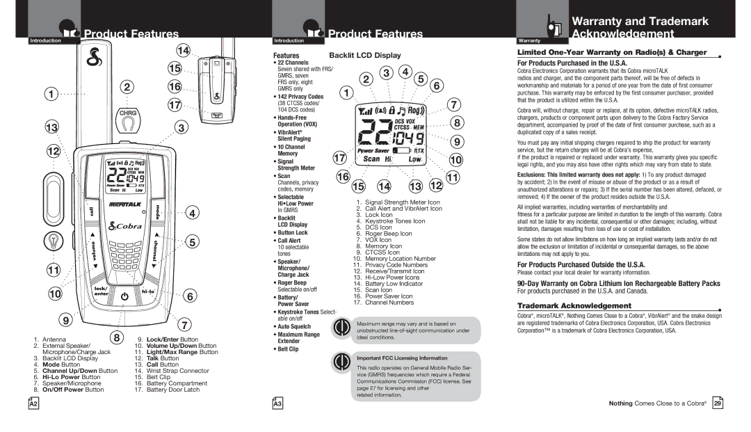 Cobra Electronics CXR725 owner manual Product Features, Warranty and Trademark, Acknowledgement, Backlit LCD Display 