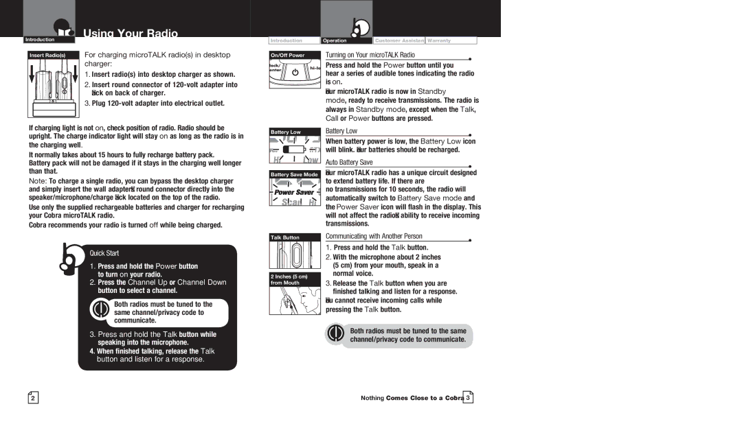 Cobra Electronics CXR725 owner manual Using Your Radio, Turning on Your microTALK Radio 