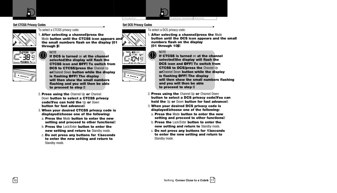 Cobra Electronics CXR725 Set Ctcss Privacy Codes To select a Ctcss privacy code, After selecting a channel, press 