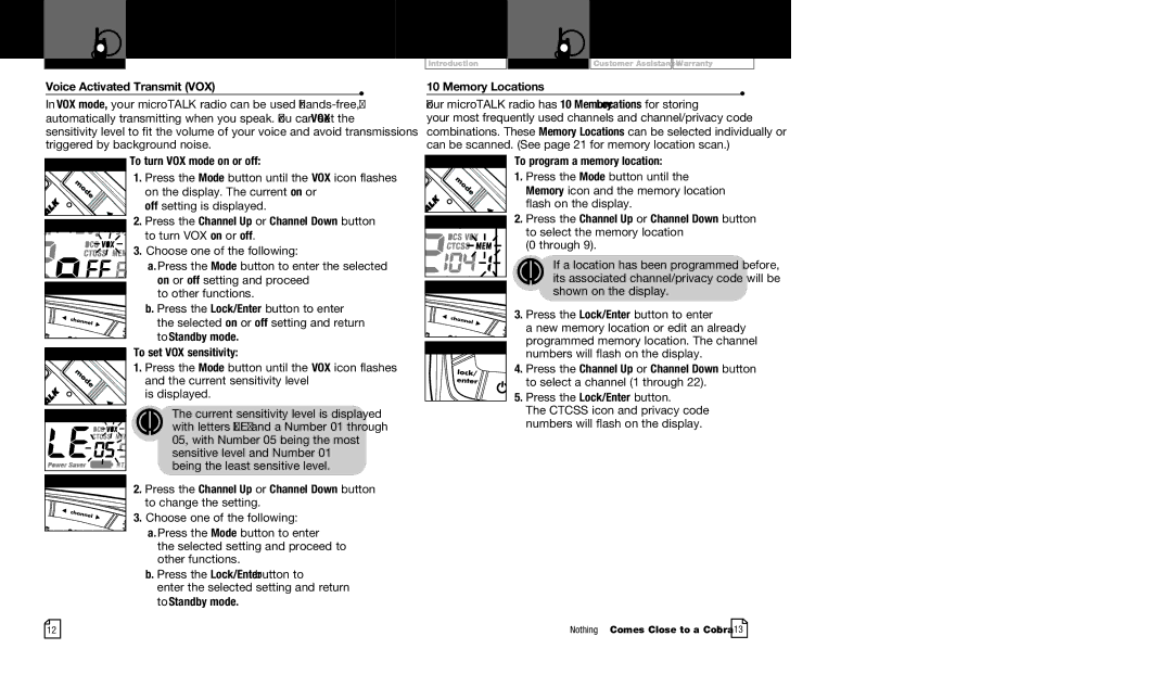 Cobra Electronics CXR725 owner manual Voice Activated Transmit VOX, Memory Locations 