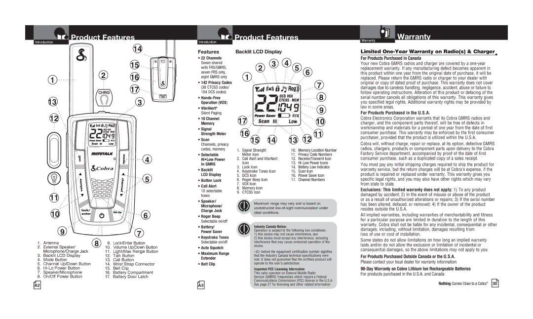 Cobra Electronics CXR725C owner manual Product Features, Limited One-Year Warranty on Radios & Charger 