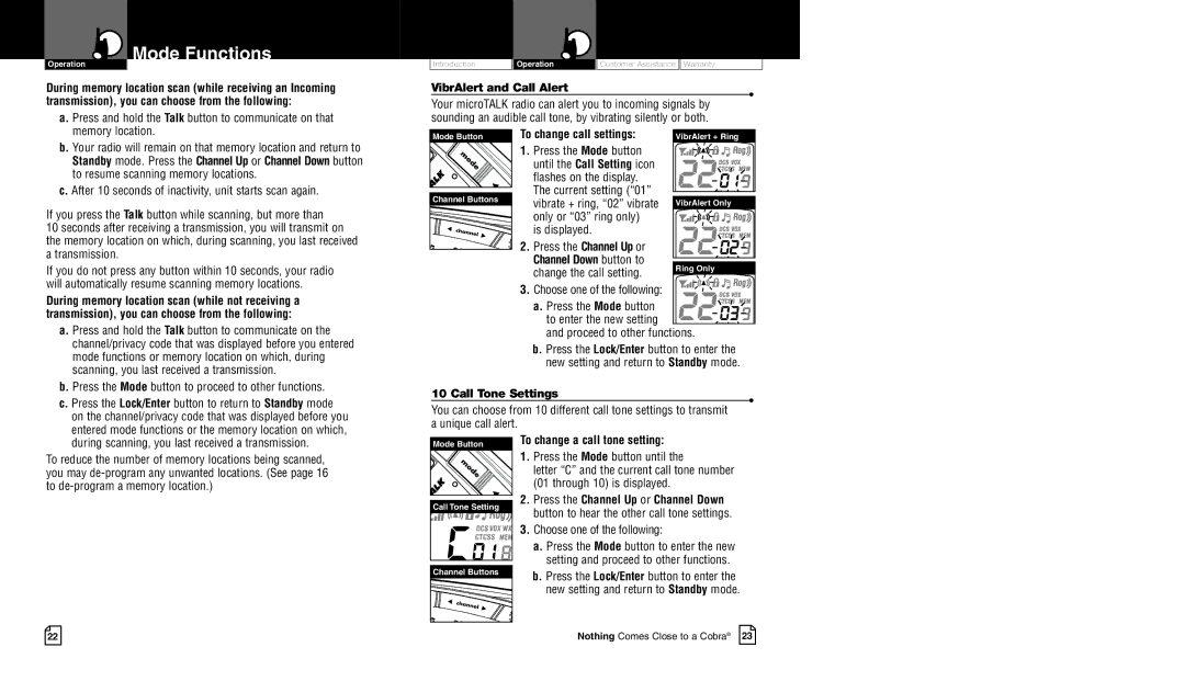 Cobra Electronics CXR750 owner manual VibrAlert and Call Alert, To change call settings, Call Tone Settings 