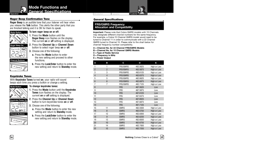 Cobra Electronics CXR750 Mode Functions General Specifications, To turn roger beep on or off, To change keystroke tones 